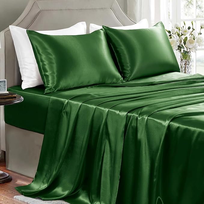Satin Sheets King Size - 4 Pieces Luxury Silky Soft Bed Sheets, Wrinkle-Free Dark Green Satin Silk Sheet Set with 1 Deep Pocket Fitted Sheet, 1 Flat Sheet, 2 Pillow Cases