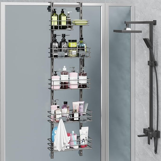 Orimade Over The Door Shower Caddy Adjustable 5 Tier Dark Grey,Bathroom Hanging Organizer Shelf Rustproof with 4 Hooks,Shower Basket with Soap Holder and Suction Cup