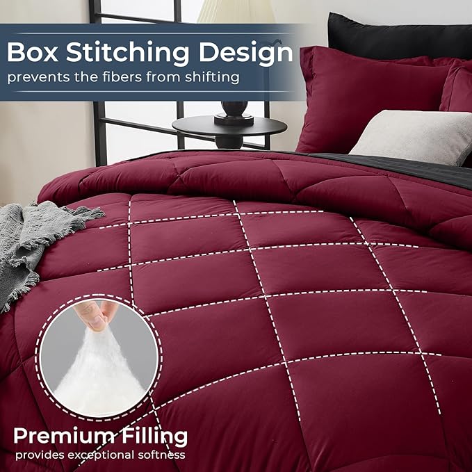 HEVUMYI Red & Black Cali-King Comforter Set - 7-Piece All Season Bed in a Bag Cali-King, Ultra Soft Burgundy Bedding Set with Comforter, Flat Sheet, Fitted Sheet, Pillowcases, Pillow Shams, Burgundy