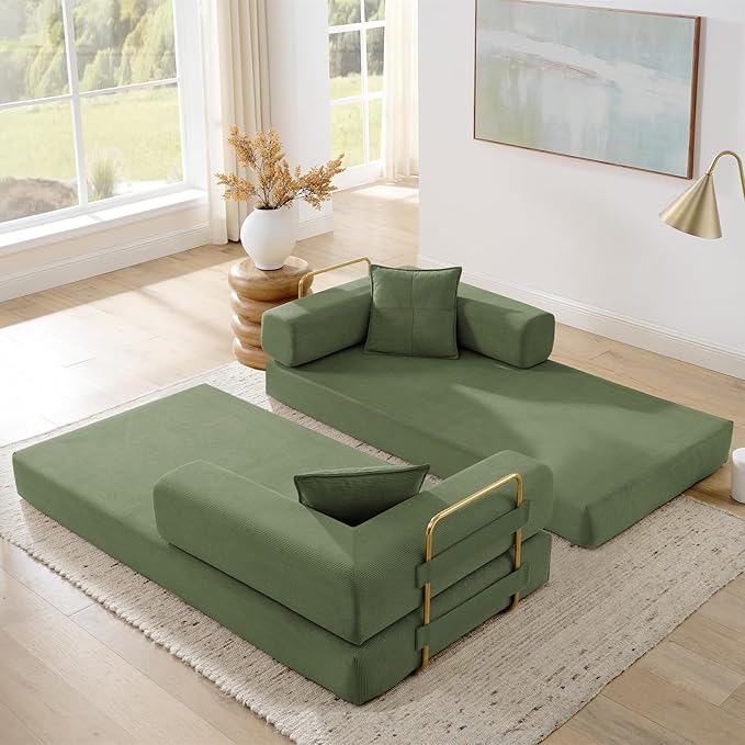Antetek Convertible Futon Sofa Bed, 3-Seater Modern Corduroy Foam Floor King Size Bed Fold Out Sleeper Lounge Loveseat Sofa Couch with 2 Throw Pillows for Living Room Bedroom Guest Room, Army Green
