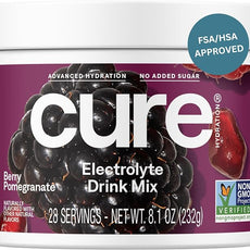 Cure Hydration | Plant-Based Electrolyte Drink Mix | No Added Sugar | FSA-HSA | Dehydration Relief Powder Made with Coconut Water | Non-GMO | Vegan | 28 Servings Jar - Berry Pomegranate