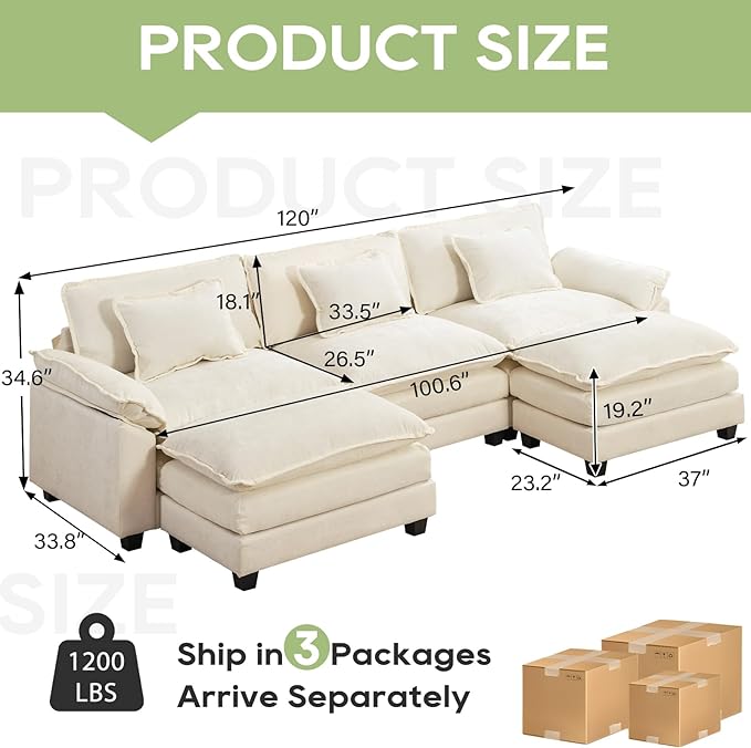 120" Modular Sectional Sofa, Comfy Cloud Couch Sectional Sofa with Ottoman, Chenille Sofa Sleeper Deep Seat Sofa with Throw Pillows for Living Room (Beige White, 120"- U Shape)