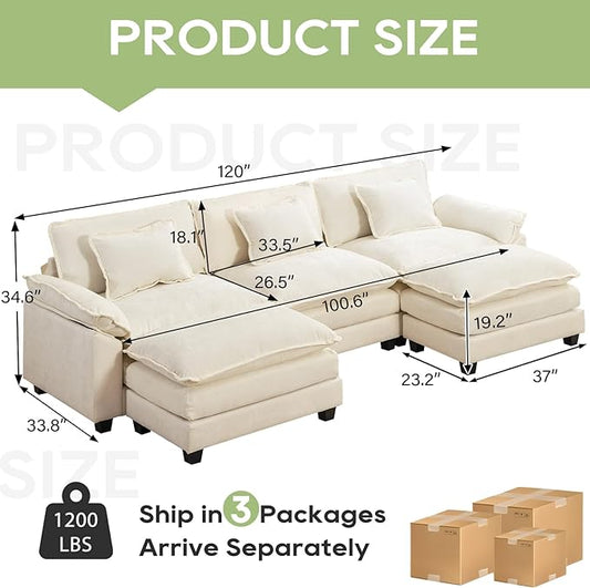 120" Modular Sectional Sofa, Comfy Cloud Couch Sectional Sofa with Ottoman, Chenille Sofa Sleeper Deep Seat Sofa with Throw Pillows for Living Room (Beige White, 120"- U Shape)