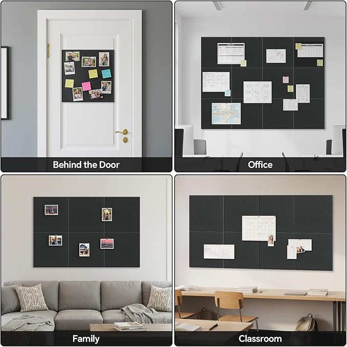 Felt Bulletin Board 48 x 36 Inches - 12 Pack Black Felt Wall Panels for Office Storage, pin Boards for Walls Office Decor Wall Organizing Rack (Black)