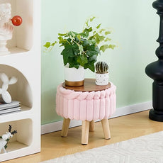 Wimarsbon Storage Ottoman,Soft Faux Fur Footstool with Padded Seat, Small Reading Vanity Chair, Footrest with Wood Tray for Couch, Mini Coffee Table or Display Stand (Pink, Round Storage)
