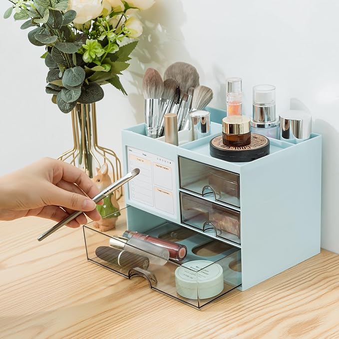 Desk Organizer with 3 Drawer, Multi-Functional Pencil Pen Holder for Desk, Desk Organizers and Storage with 8 Compartments, Desktop Organizer for Office Home Art Supplies (Blue)