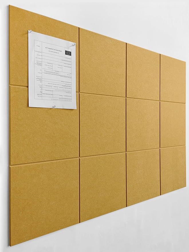 Felt Wall Tiles | Large Cork Board Alternative | Aesthetic Felt Bulletin Board for Office, Home & Classroom | Large Cork Boards for Walls Pinboard (12-Pack) | Mustard