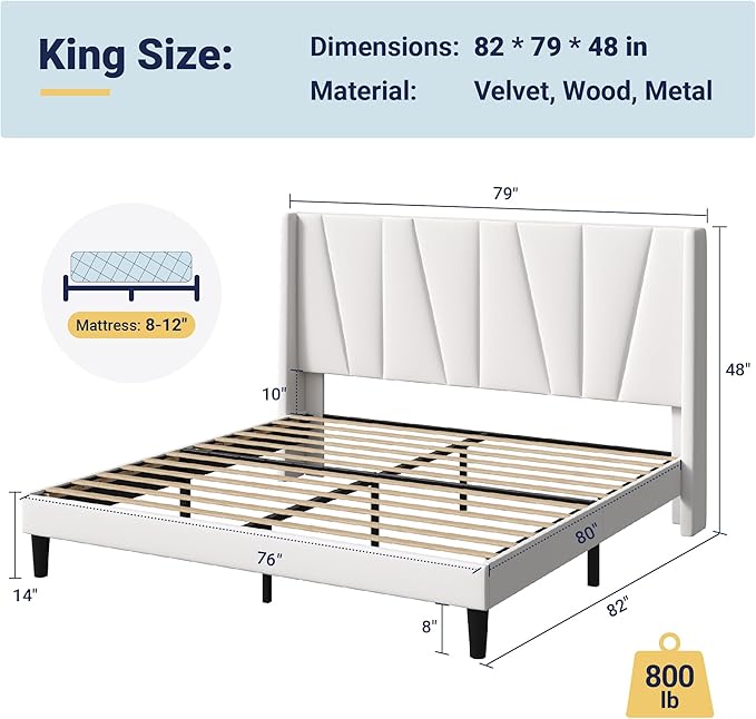Allewie King Size Platform Velvet Bed Frame with Geometric Wingback Headboard, Boho Upholstered Bed with Wooden Slats Support, No Box Spring Needed, Easy Assembly, White