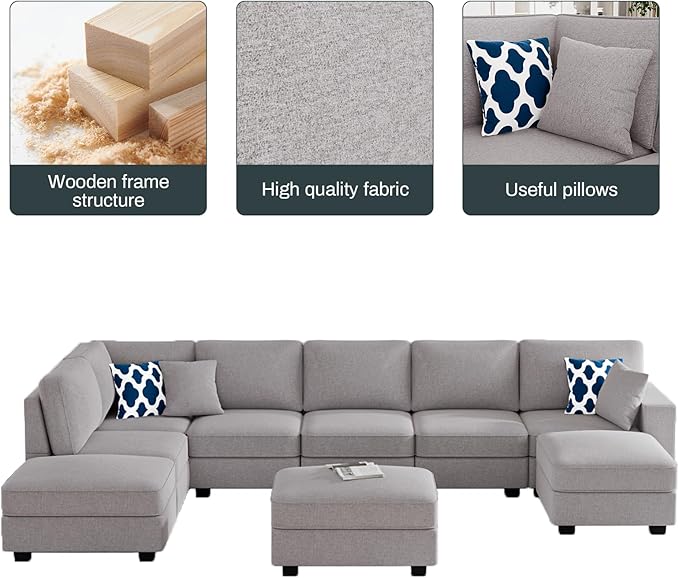 Legend Vansen Modular Sectional Sofa U Shaped Couch with Ottoman Modern Reversible Corner Sectional Couch for Living Room (Light Grey, U Shaped Sofa-4)