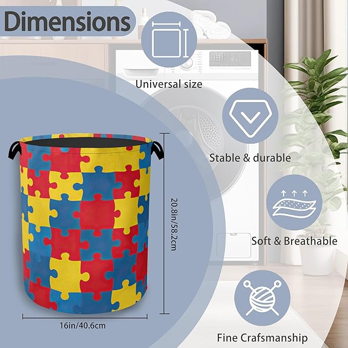Colorful Puzzle Laundry Basket,Foldable with Handles Tote Bag Oxford Cloth for Bathroom Bedroom Dirty Clothes Storage Bucket 16" x 20.8"
