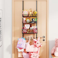 Consumest Over The Door Hooks Organizer - 4 Tier Door Coat Rack with 3 Baskets and 12 Hooks, Stainless Steel Towel Hanger for Bedroom, Bathroom, Living Room, Black