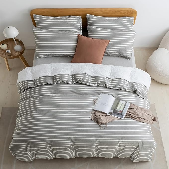 JELLYMONI Full Duvet Cover Set, Cotton Duvet Cover 3 Pieces with Zipper Closure, 1 Duvet Cover and 2 Pillowcases(Gray with White Striped)