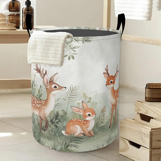 Cute ElkLaundry Basket,Animal World Large Canvas Fabric Lightweight Storage Hamper Organizer Dirty Clothes Collapsible Waterproof for College Dorms,Bathroom