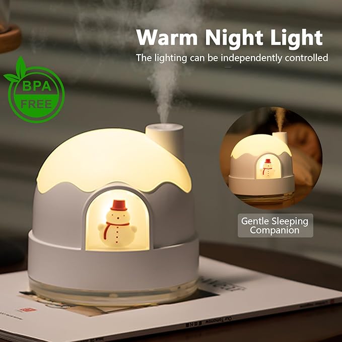 Humidifier for Bedroom, Household Mini Desktop Humidifier, Cute Snow House Humidifiers with Night Lights, Ultrasonic Silent Operation, 350ml, Suitable for Small & Medium-Sized Rooms (White)