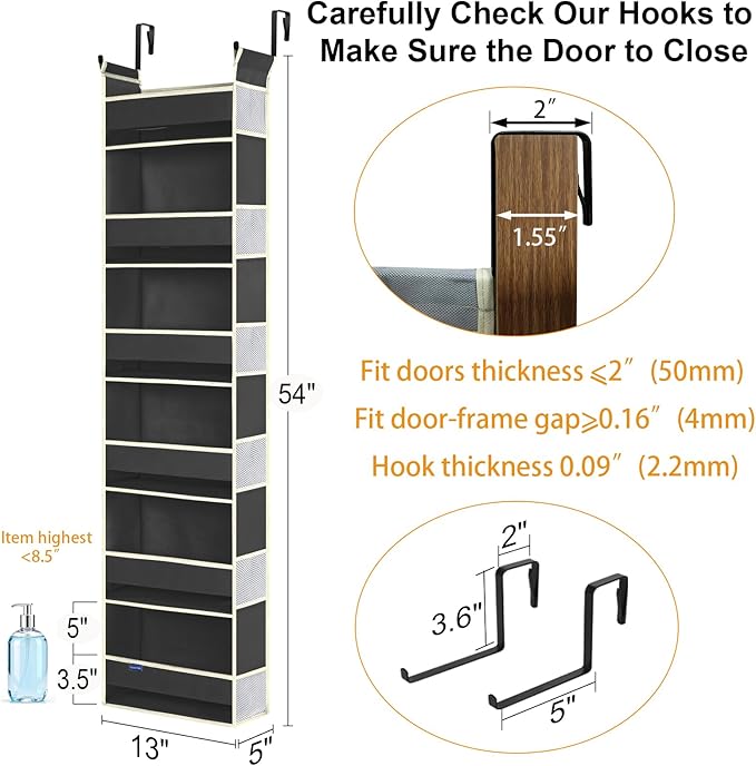 2 Pack Over The Door Hanging Organizer - 6 Shelves & 12 Side Pockets, Over The Door Storage for Baby Accessories & Children's Toys (13"x5"x54", Black)
