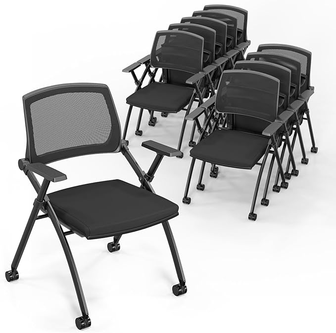 VINGLI 10 Pack Stackable Conference Room Chairs with Wheels, Folding Office Chair with Rebound Back, Padded Seat for Training Room, Guest, Reception, Event, Capacity 350lbs, Black