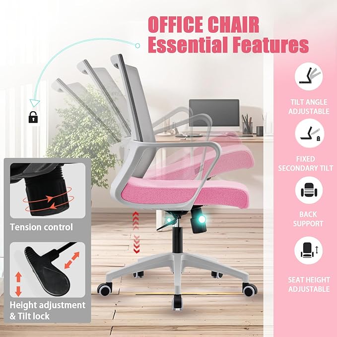 Office Chair ergonomically Designed with Breathable mesh backrest and Lumbar Support Adjustable Height Suitable for Offices Homes bedrooms Study Rooms (Pink)