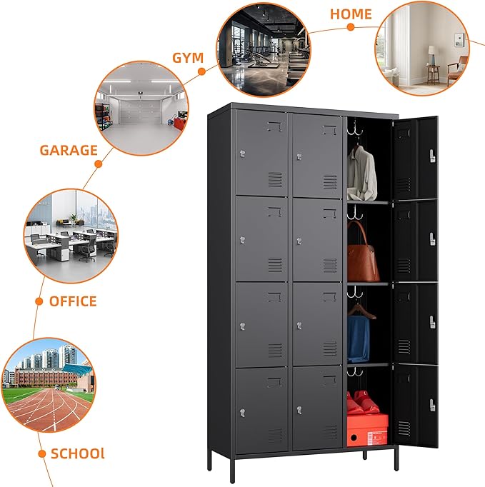 Aobabo 12 Doors Metal Storage Locker for Employees, Storage Locker with Name Card Slot for Garage School Office Gym, Black, Assembly Required