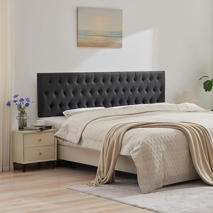 Kingfun Tufted Upholstered King Size Bed Headboard in Modern Button Design, Adjustable Solid Wood Head Board, Premium Linen Fabric Padded Headboards in Bedroom (Dark Grey)