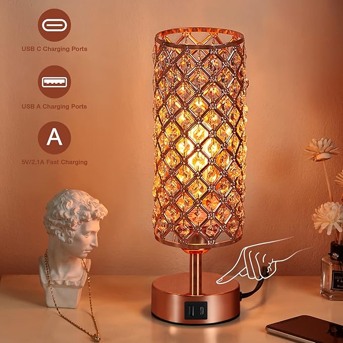 Hong-in Crystal Table Lamp - 3-Way Dimmable Touch Control, Rose Gold Bedside Lamp with USB C and A Ports, Nightstand Light for Living Room, Bedroom, Home Office (Bulb Included)