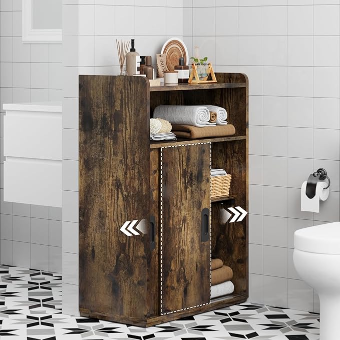 Adjustable Storage Cabinet with Sliding Doors, Multi-Functional Organizer with 2-Tier Shelves, Height-Adjustable Design, Compact Cabinet for Bedroom, Living Room, or Office (Retro Brown)