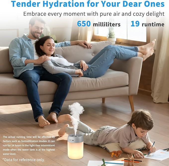 Night Lights Humidifiers For Bedroom, USB Rechargeable, LED Lights For Bedroom,4 Mode Portable Humidifier Fit For Various Scenarios,<28dB, Auto Shut-off, Ideal For Home Travel Plants(Gray）