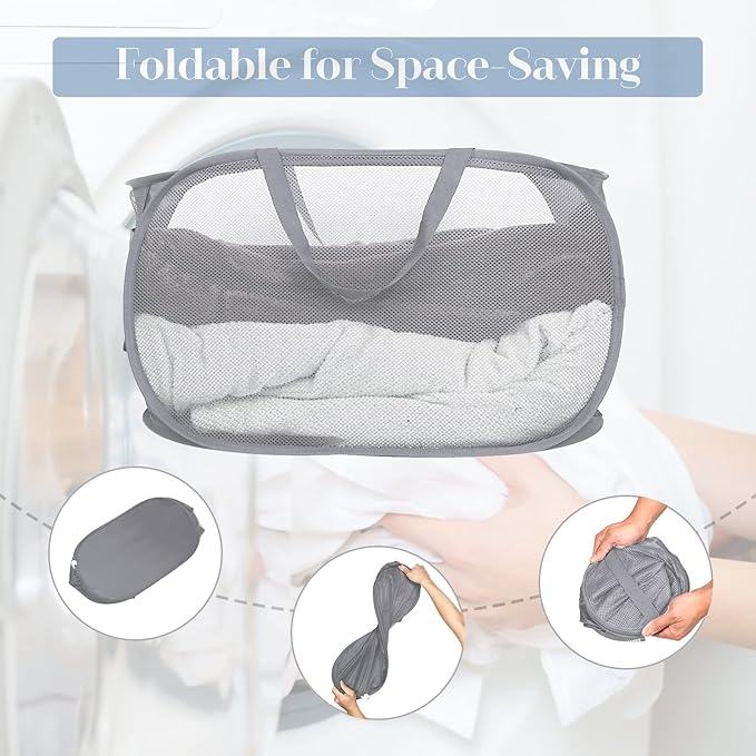 2 Pcs Durable Collapsible Laundry Baskets - Reinforced Mesh Pop Up Laundry Hamper with Pocket, Foldable Dirty Clothes Hamper with Carry Handles for Laundry, Bathroom, Kids Room, Dorm or Travel Grey