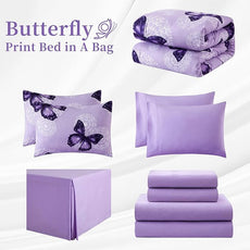 ARTALL Bed in A Bag Full/Queen Size 8 Pieces, Purple Butterfly All Season Bedding Comforter Bed Set with Pillow Shams, Flat Sheet, Fitted Sheet, Bed Skirt, Pillowcases