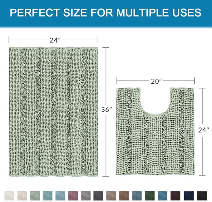 H.VERSAILTEX Bathroom Rugs Bath Rug Set 2 Piece Bathroom Contour Rug Toilet Mat Sets Non Slip Contour Bath Rug Ultra Thick Water Absorbent Striped Bath Mats Washable(36" x 24" Plus 20" x 24" U, Sage)