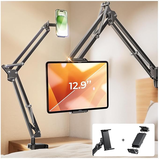 LISEN Tablet Stand iPad Stand for Desk Mount [Ultra Sturdy 2 Clamps] Kindle iPad Holder for Bed Gooseneck Phone Tablet Holder Mount fits iPhone Kindle 4-13" Device