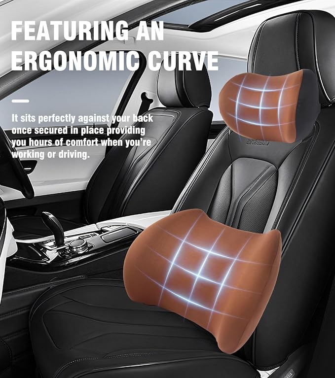 2025 New Car Headrest Pillow Set – The car Neck Pillow is as Soft as a Marshmallow, and The Lumbar Support Pillow for car can Soothe Lumbar Fatigue. Relieve Your Driving Tiredness. (Brown)
