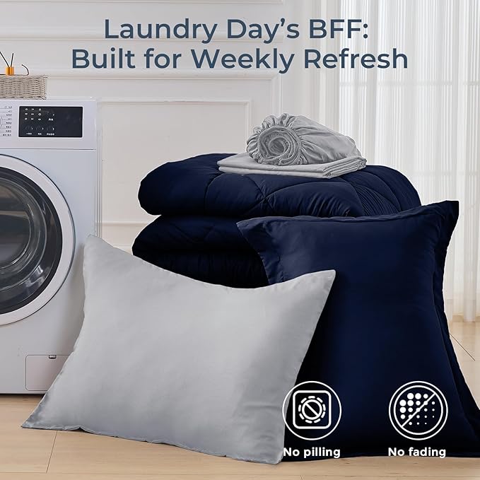 HEVUMYI Twin-XL Comforter Set - 5-Piece All Season Bed in a Bag Twin-XL, Ultra Soft Bedding Set with Comforter, Flat Sheet, Fitted Sheet, Pillowcases, Pillow Shams, Navy Blue & Light Grey