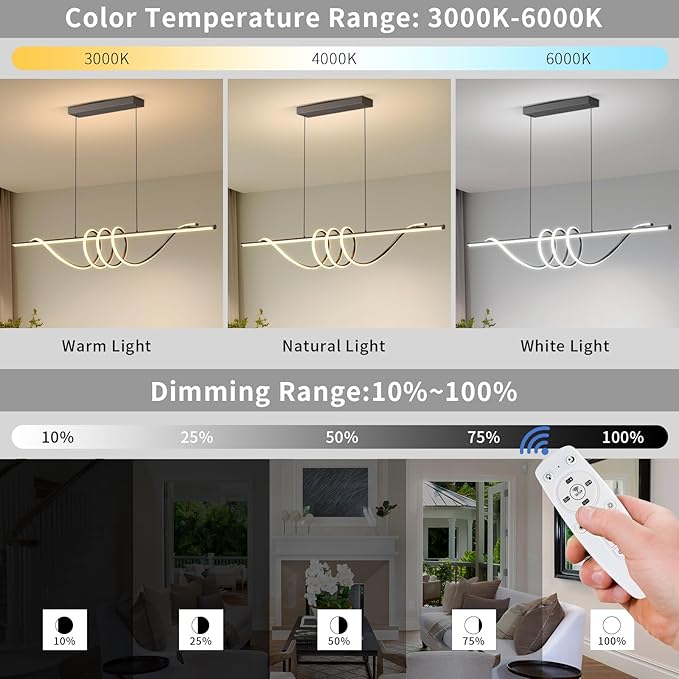 Modern Ceiling Chandelier, 57in Pendant Lights Dimmable with Remote Control 3000k-6000K Adjustable Color Temperature, Aluminum Island Lighting Lamp Fixture for Kitchen, Dining Room