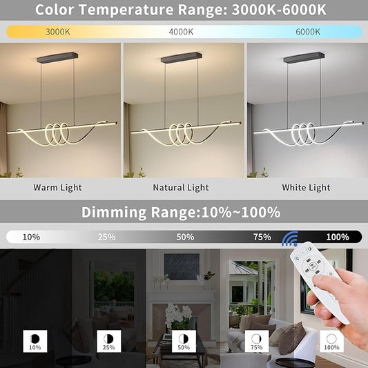 Modern Ceiling Chandelier, 57in Pendant Lights Dimmable with Remote Control 3000k-6000K Adjustable Color Temperature, Aluminum Island Lighting Lamp Fixture for Kitchen, Dining Room