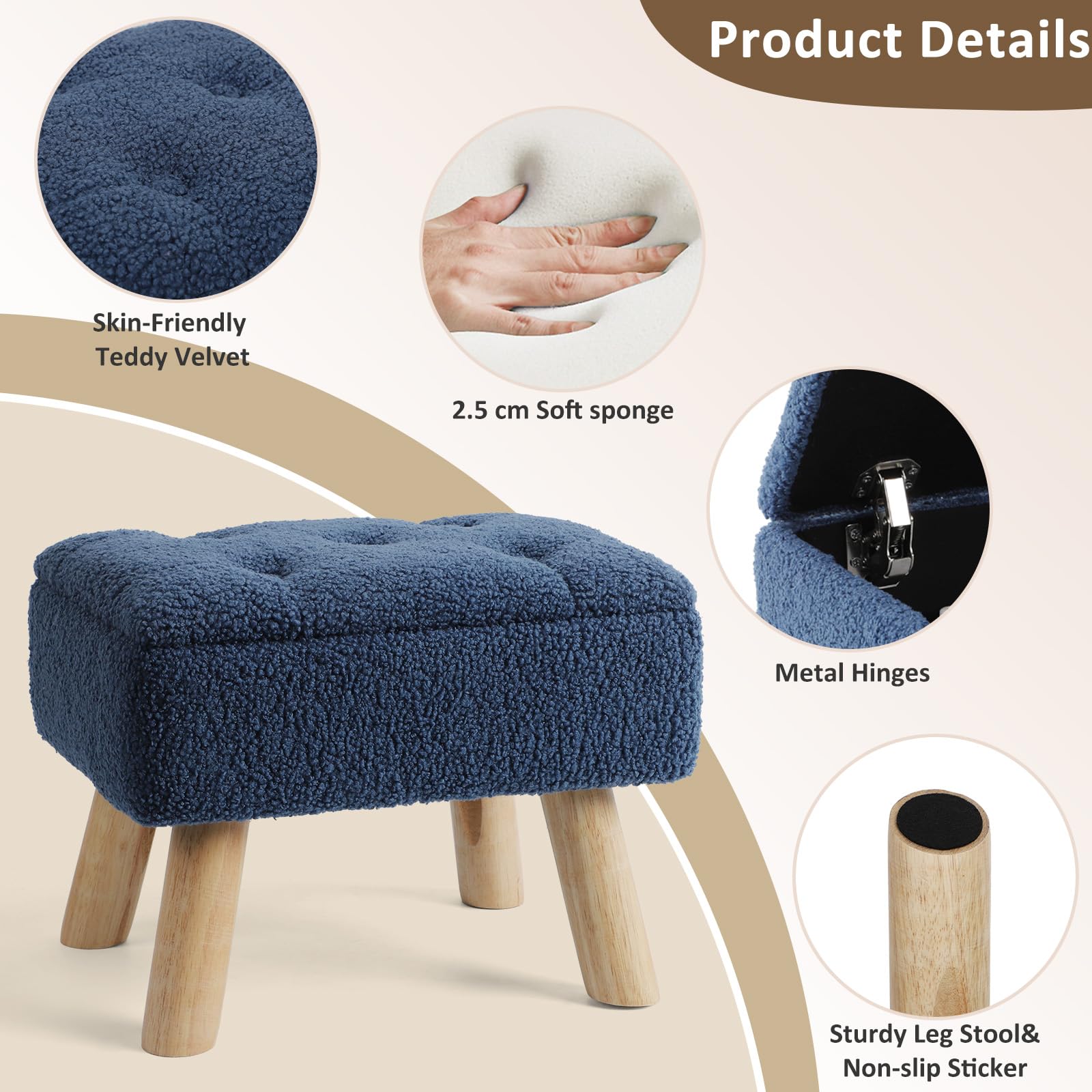 OGEMXU Storage Ottoman, Small Foot Stool Ottoman with Storage, Boucle Teddy Velvet Foot Rest with Padded Seat, Sturdy Wood Legs Stool for Living Room, Bedroom, Couch, Enterway (Cream) Dormly