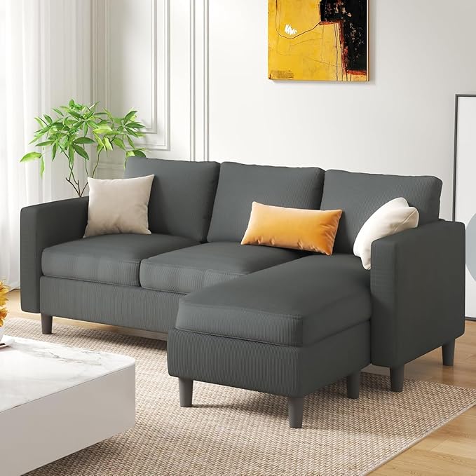 JAMFLY 3-Seat Convertible L-Shaped Sectional Sofa with Reversible Ottoman, Upholstered Fabric Couch for Small Living Rooms, Modern Modular Couch for Apartment, Studio & Loft, Grey