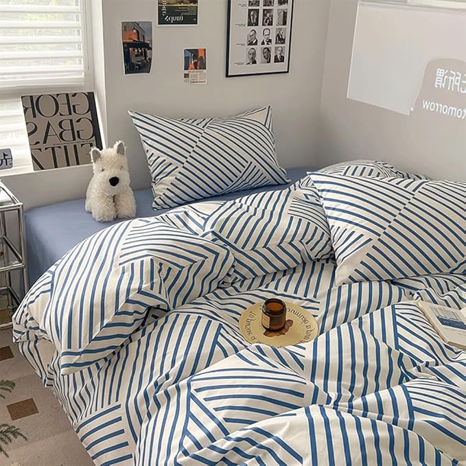 VM VOUGEMARKET Blue Geometric Duvet Cover Set, 100% Cotton Stripes Bedding Set,3 Pieces Instagram Style Simple Modern Duvet Cover with 2 Pillowcases-Queen,Blue Stripes