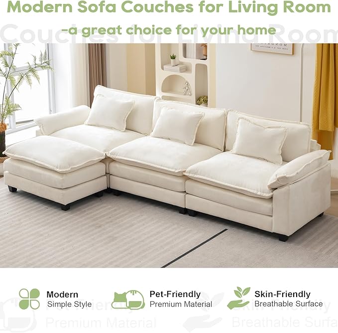 120" Modular Sectional Sofa, Comfy Cloud Couch Sectional Sofa with Ottoman, Chenille Sofa Sleeper Deep Seat Sofa with Throw Pillows for Living Room (Beige White, 120"- L Shape)