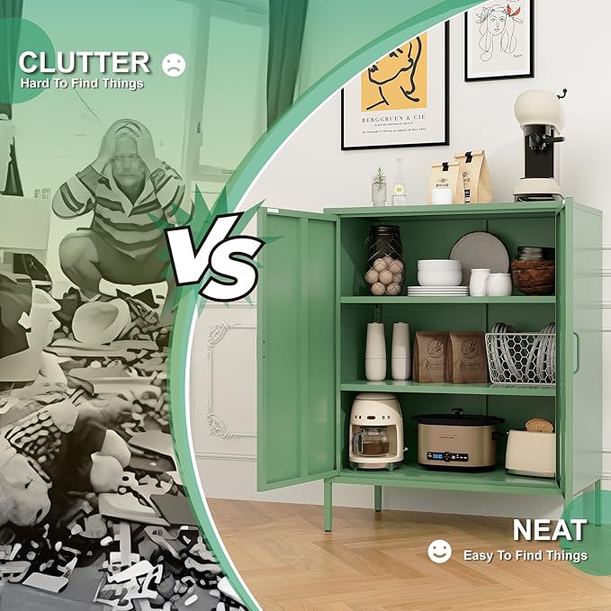 Green Metal Cabinet，Bathroom Floor Storage Cabinet,40"H Small Cabinets With Doors,2 Door Metal Towel Freestanding Cabinet For Small Spaces,Two Door Hallway Short Cupboard,Low Cabinet For Living Room