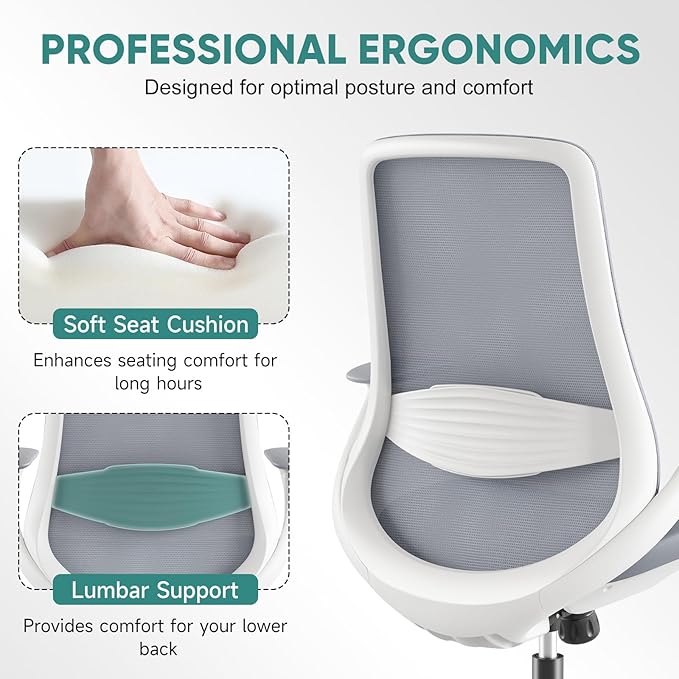 Ergonomic Mesh Office Chair, 330LBS Executive Desk Chair with Lumbar Support, 2D Armrests, Comfy Swivel Computer Task Chairs for Long Hours (Grey)