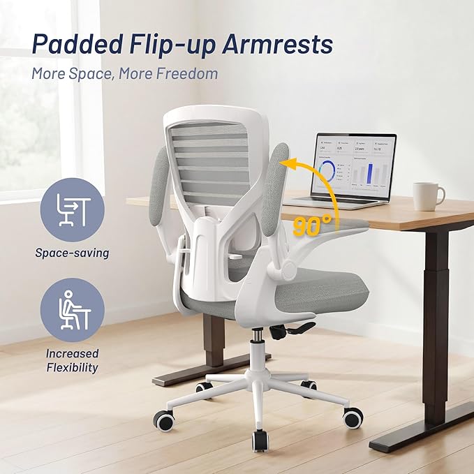 Office Chair for Long Hours & Lower Back Pain Relief – 4" Molded Foam Cushion, Padded Lumbar Support, and Padded Flip-up Armrests, Ideal for Office or Study, Light Gray