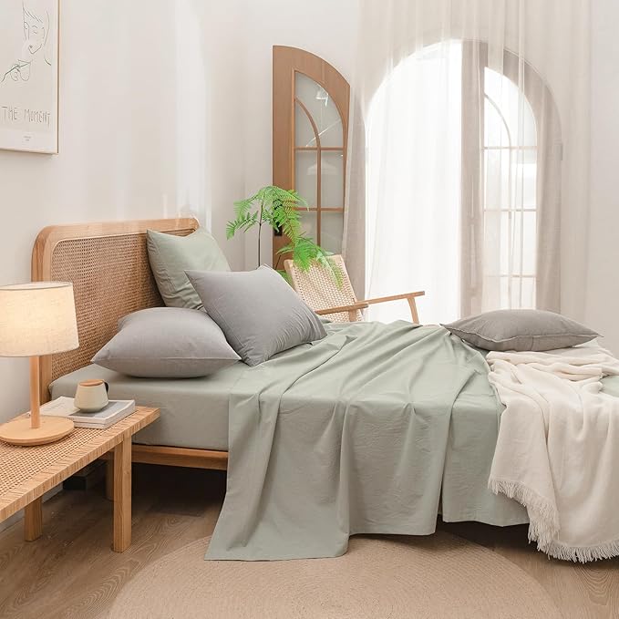 BESTOUCH 100% Washed Cotton Pillowcase for Hair and Skin Linen Feel Soft Comfortable Breathable 2 Set Pillow Case with Envelope Closure Solid Light Grey Queen 20x30 Inches