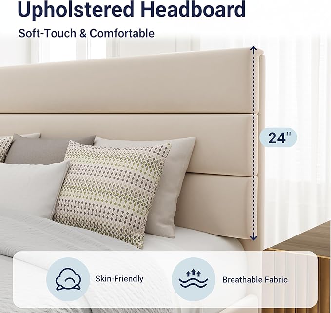 Allewie Full Size Platform Bed Frame with Velvet Upholstered Headboard and Wooden Slats Support, Fully Upholstered Mattress Foundation/No Box Spring Needed/Easy Assembly, Cream