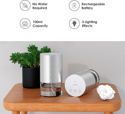 Airversa Essential Oil Diffuser Waterless Aromatherapy Diffusers for Home Large Room, Bedroom, Car, Office, Desk, Battery Operated, Small Diffuser for Pure Scent, 100mL Capacity, AN5 (Silver)