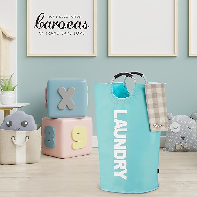 Caroeas 100L Laundry Basket,Large Laundry Hamper, Laundry Bag with Padded Handles, Clothes Hamper Stands Up Well, Collapsible Free Standing Easy Storage Washing Bin (Light Blue,100L)