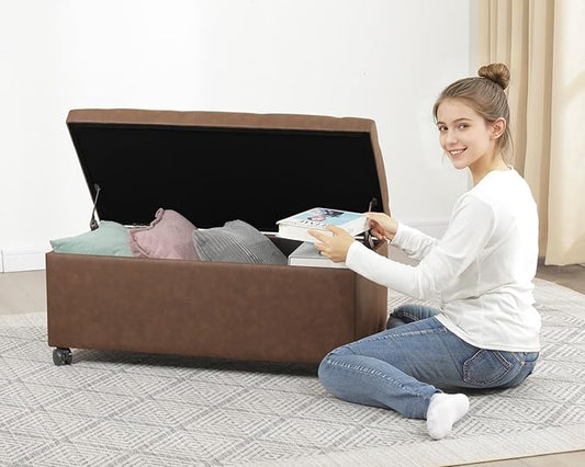 Joveco Storage Ottoman Bench 35" Faux-Leather Rectangular Tufted Ottomans Storage Room Organizer with Wheels(Matte Chocolate)