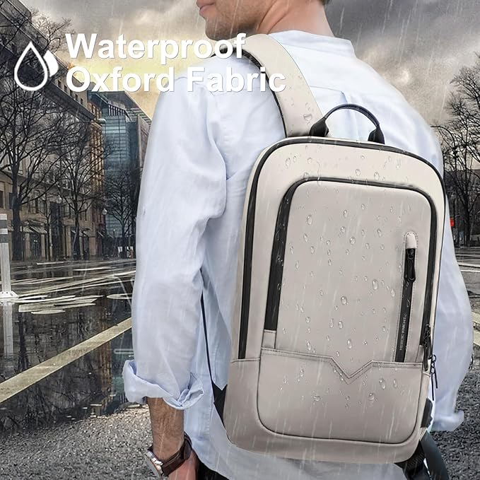 hk Backpack for Men Business Slim Backpack with USB Charger Computer Lightweight Anti-theft Travel (White, 15.6 Inch)