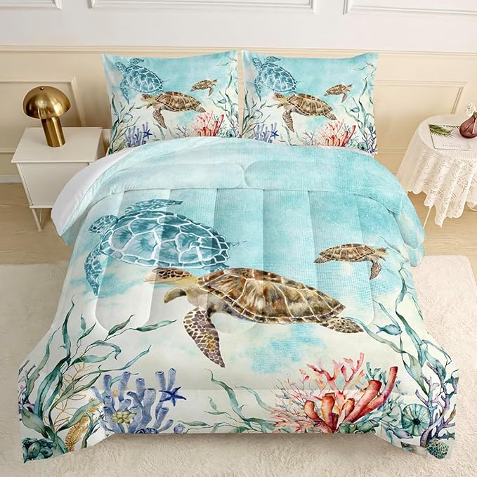 CVHOUSE Ocean Watercolor Sea Turtle Bedding Set - Kids Teens Comforter, Duvet, Quilt Set - Twin Size