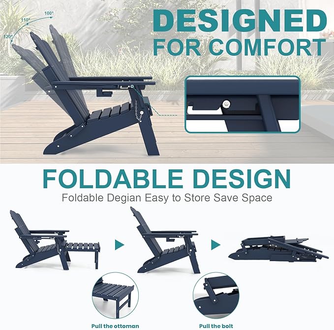 FOOWIN Adjustable Adirondack Chair with Retractable Ottoman Set of 8, Folding Adirondack Chair with Cup Holder, HDPE All-Weather Fire Pit Chair for Patio, Yard, Poolside, Navy Blue