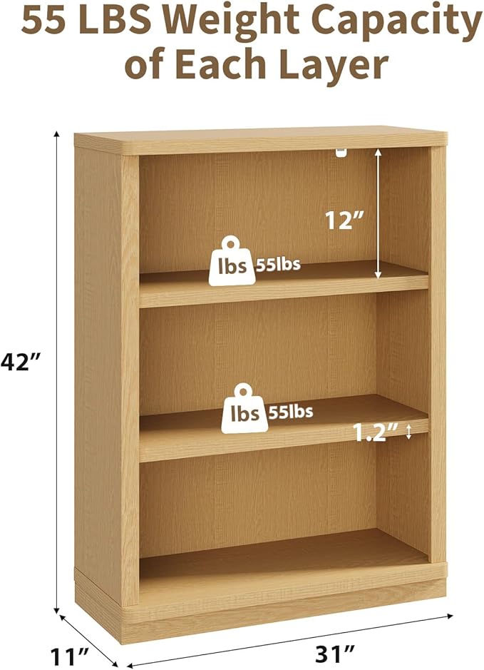 Rresyet 3 -Tier Bookcase and Book Shelf, 31” Wide Bookshelves, Wooden Bookcase Display Storage for Home Office, Living Room and Study Room (Wood)